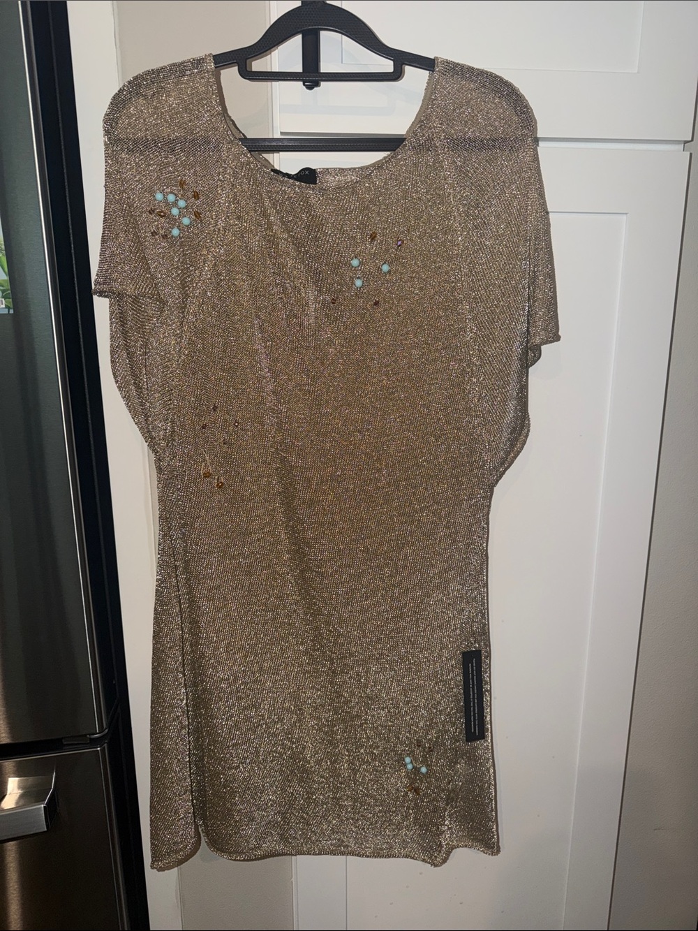 White Fox Boutique Gold Metallic Mini Dress with Turquoise Accents